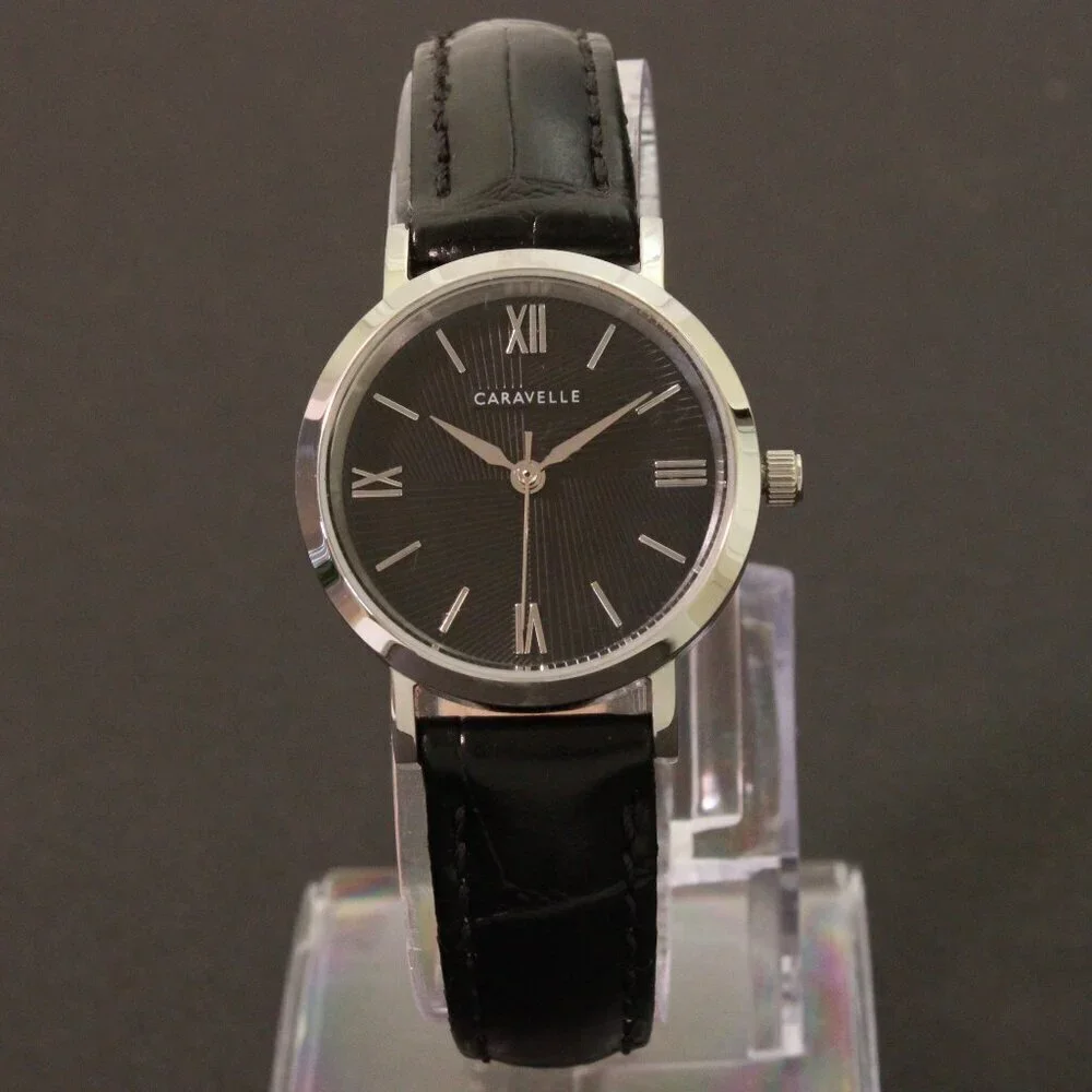 Caravelle Ladies Quartz Dress Watch By Bulova Black Textured Dial, Strap 28mm